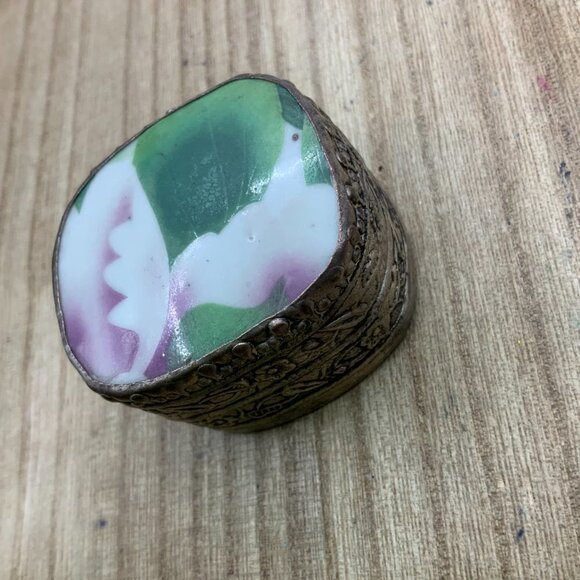 Trinket Box Vintage Silver Plated Porcelain Floral Bird - Picture 3 of 8